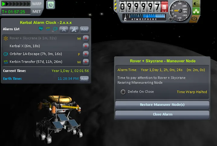 Kerbal Alarm Clock — Just a view of the tool in action