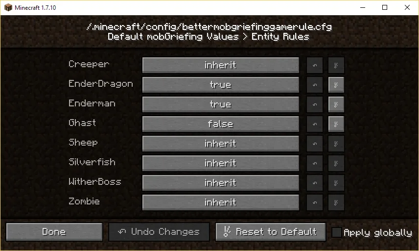 Better mobGriefing GameRule — Entity Rule Default Config