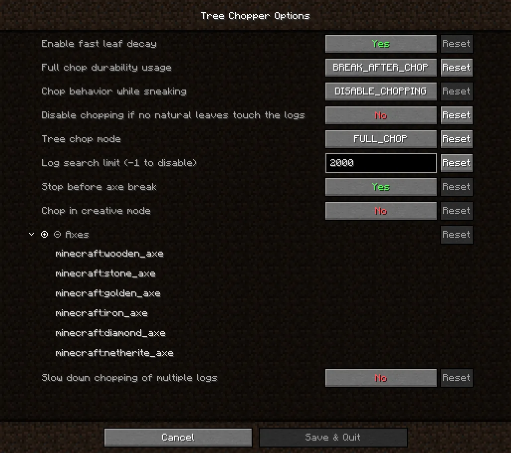 Fabric Tree Chopper — Config screen