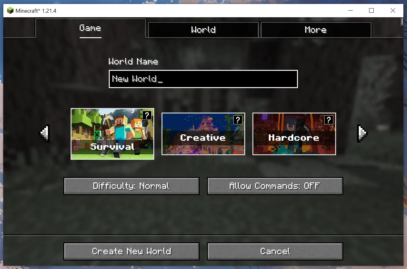 Modern World Creation — Create World Screen