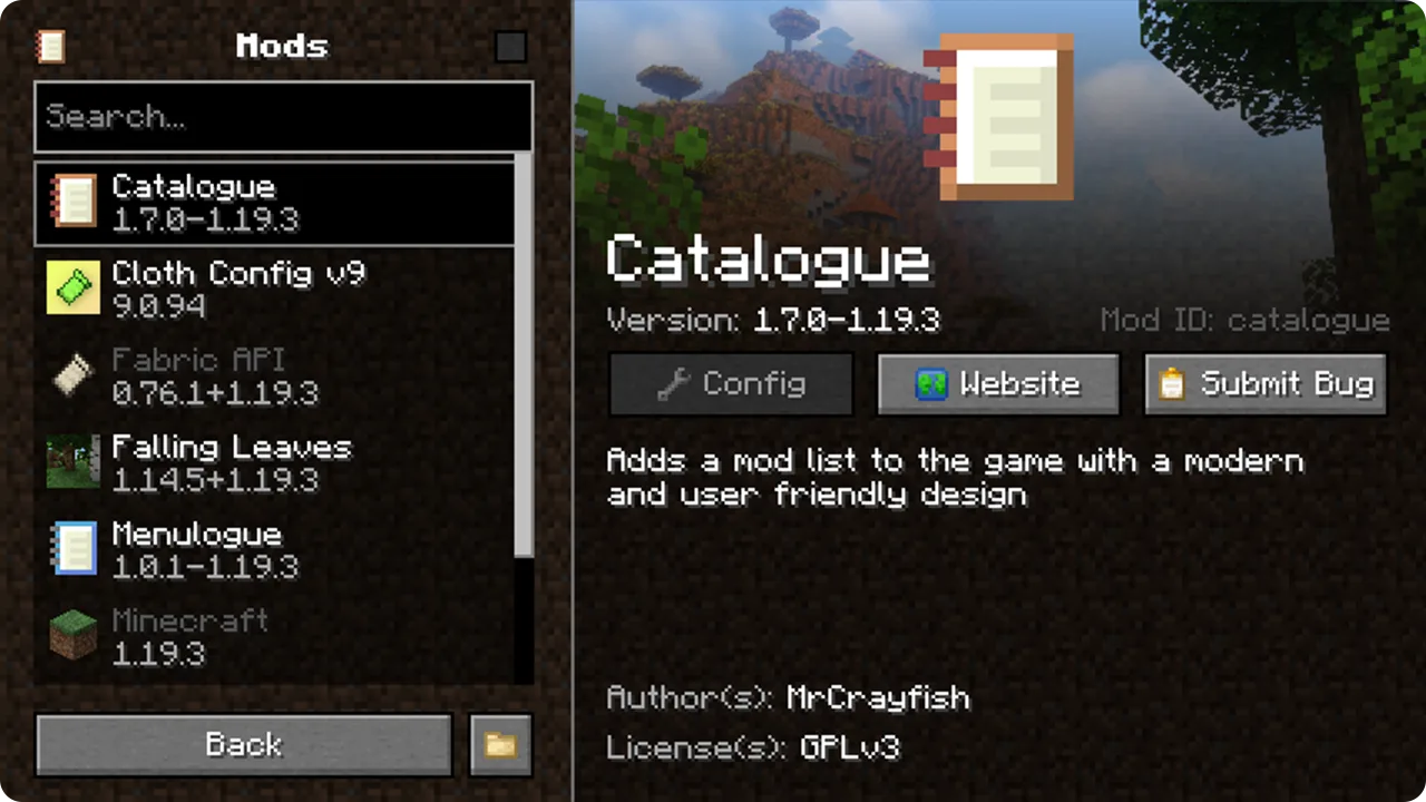 Catalogue (Fabric) — Screenshot of the mod list