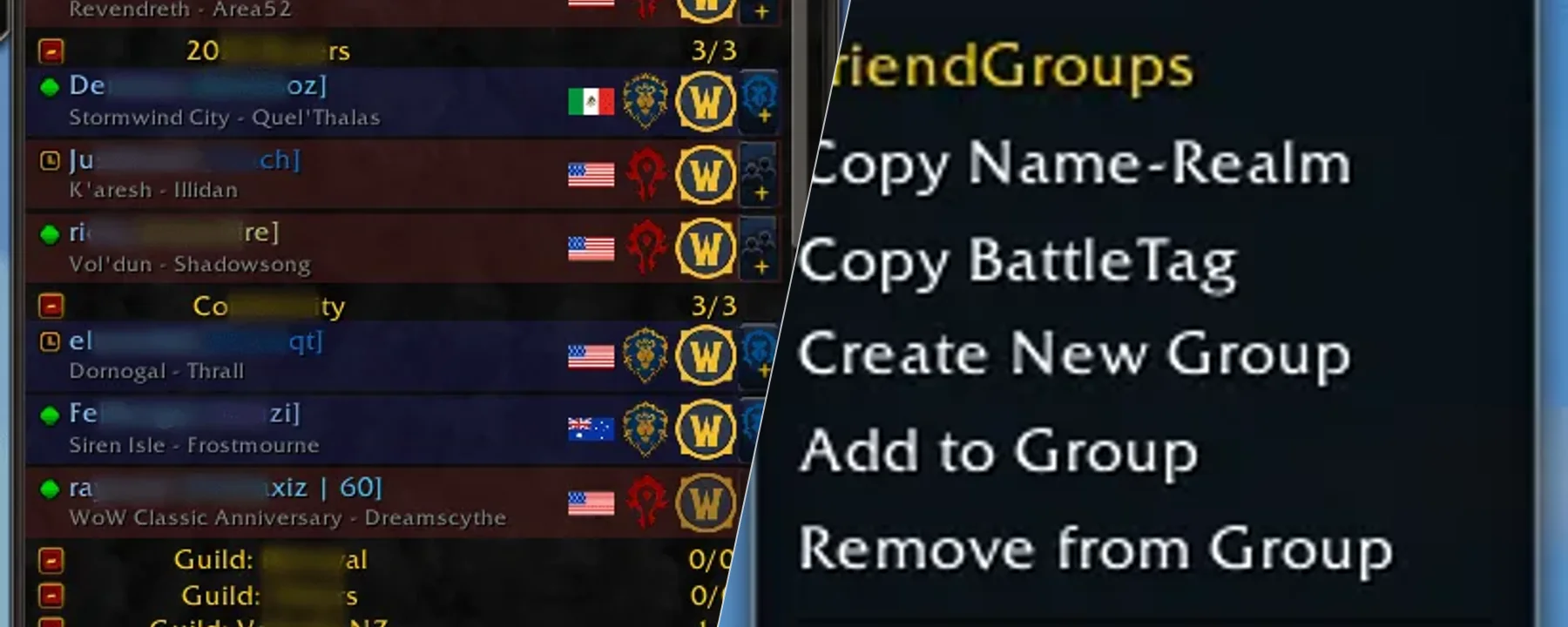 FriendGroups - Custom folders, known alt tracking, auto guild groups, smart search, mass invites, and rich realm/class info — FriendGroups - Custom folders, known alt tracking, auto guild groups, smart search, mass invites, and rich realm/class info screenshots 1–2