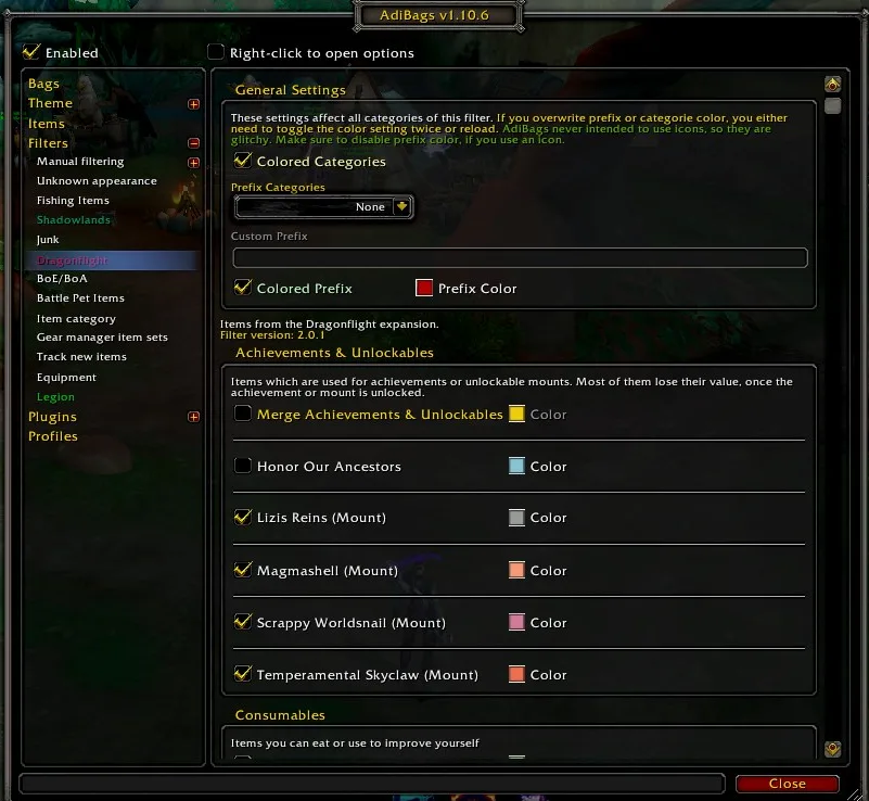 AdiBags - Dragonflight — Settings Menu from 2.0.1