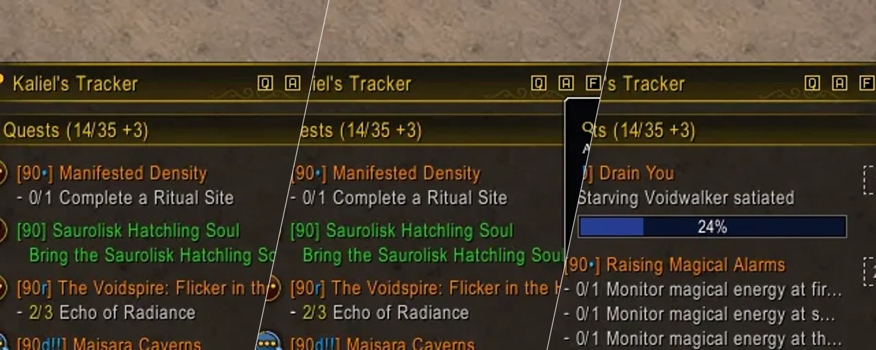 Kaliel's Tracker (Midnight) ... Quest / World Quest / Achievement — Kaliel's Tracker (Midnight) ... Quest / World Quest / Achievement screenshots 1–3